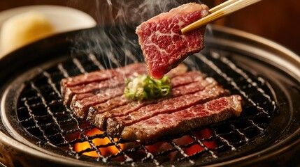 A yakiniku dining scene with Wagyu sirloin sizzling on the grill, chopsticks picking up a perfectly cooked slice