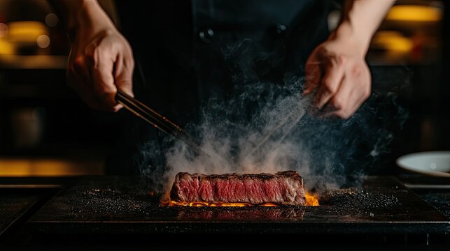 A yakiniku chef grilling Wagyu sirloin to perfection, the meat glistening as it absorbs the smoky heat from the coals