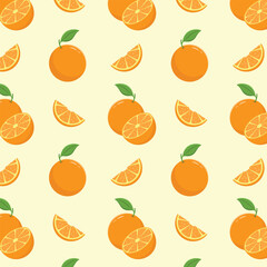 Oranges with slices and leaves seamless pattern, citrus fruit vector illustration. 