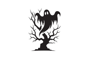 Obraz premium Spooky Ghost in Haunted Tree Silhouette, Halloween Horror Vector Art.
