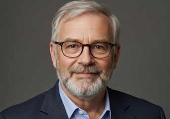 Portrait of a mature man with glasses and a beard, wearing a blue shirt and a dark suit jacket