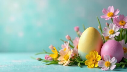 A vibrant Easter egg display with pastel colors and spring flowers , decoration, springtime scene