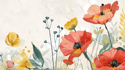 Beautiful illustration of colorful flowers in a natural setting with clean lines and intricate details