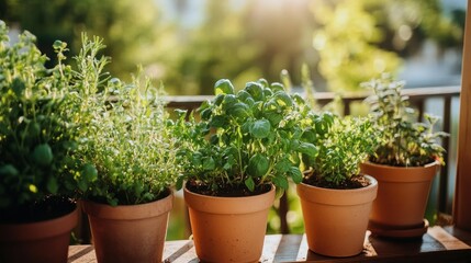 Fresh herbs in terracotta pots on a sunny balcony