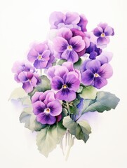 Beautiful impressionistic watercolor painting of African violets on white background
