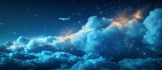 Airplane Soaring Above Clouds at Night with Sparkling Stars