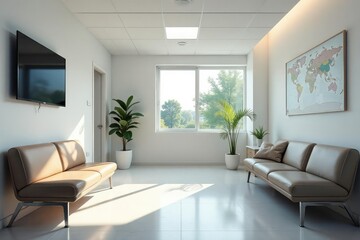 Fototapeta premium Clean, modern surgical doctor's office waiting area Neutral colors, comfortable seating , organized, healthcare professional