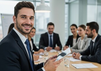 Smiling businessman using tablet at conference table with colleagues in a modern office setting