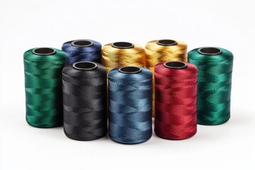 Arrangement of colorful spools of thread on a white surface stage