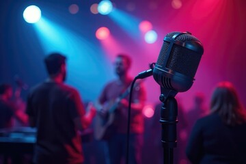 Close-up of a microphone and speakers at a music event , live, sound reproduction