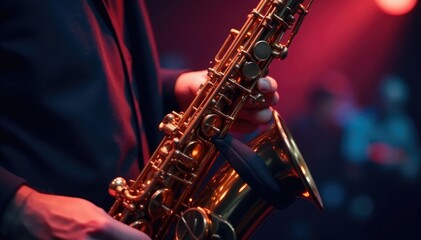 Fototapeta premium Close-up of a saxophone, muted, on a dimly lit stage , instrument, jazz music, rhythm