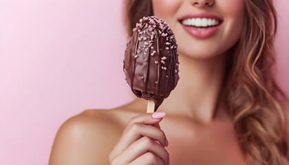 Woman holding bitten ice cream glazed in chocolate on pink background, closeup