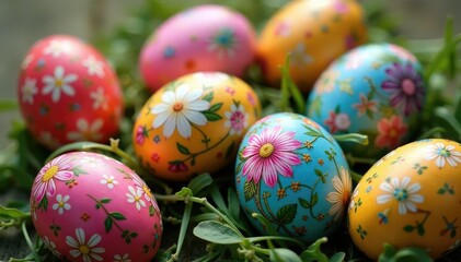 Fototapeta premium Close-up of intricately decorated Easter eggs, representing new life and hope , decorated, beautiful