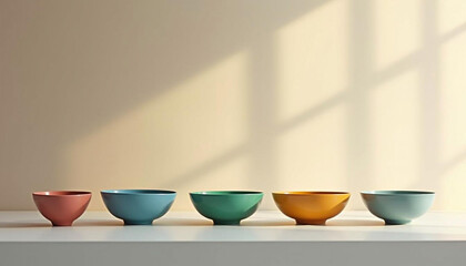 Fototapeta premium Minimalist arrangement of five colorful ceramic bowls in sunlight on white surface 