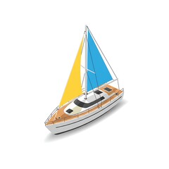 Isometric Sailboat with Blue and Yellow Sails on a White Background