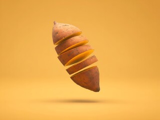 Floating Sliced Sweet Potato on Yellow Backdrop Culinary Ingredient Still Life