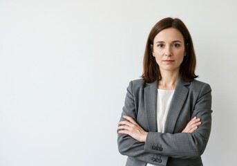 Confident businesswoman in a gray suit stands with arms crossed against a plain white background looking at the camera