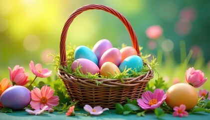 Naklejka premium Colorful Easter eggs in a basket, spring flowers surrounding , religious, greenery, bright