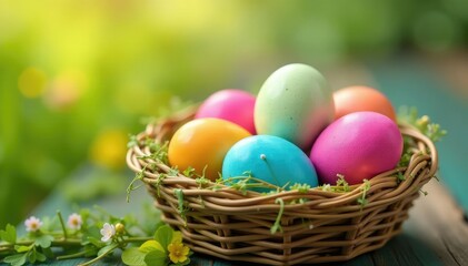 Obraz premium Colorful Easter eggs in a basket, springtime celebration , easter symbols, festive