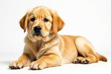 Golden retriever puppy lies down, pure white backdrop, adorable, retriever, golden