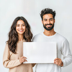 Smiling Indian Group Presenting White Board for Advertisement or Text generative ai