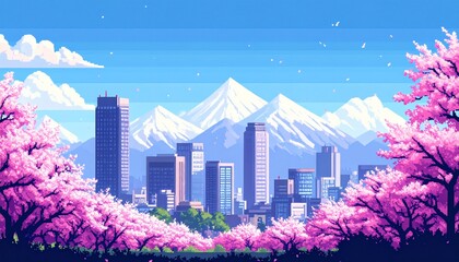 Fototapeta premium Pixel art cityscape with cherry blossoms and mountain backdrop illustration
