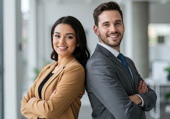 Confident businesswoman and businessman standing back to back in a modern office smiling at the camera