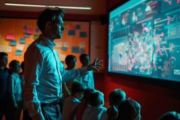 Teacher Engaging with Students in Interactive Classroom with Digital Presentation