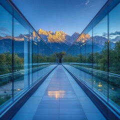 Obraz premium Glass Hallway Perspective: Majestic Mountains Reflected in Architectural Design, Seamlessly Blending Nature with Modern Structure under a Clear Blue Sky.