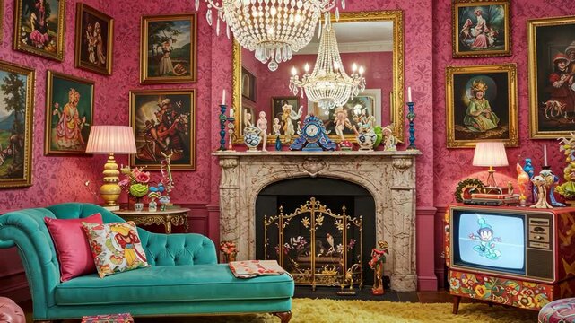 Opulent interior design with maximalist, vintage decor
