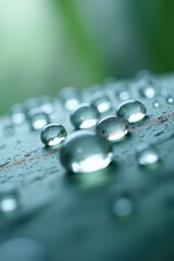 Close-up of water droplets resting on a smooth surface, reflecting light with a soft, natural green background.