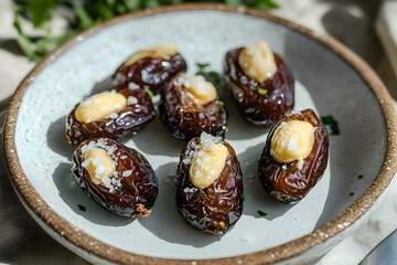 Fototapeta premium Butter-Stuffed Dates with Sea Salt on Ceramic Plate in Elegant Gourmet Presentation