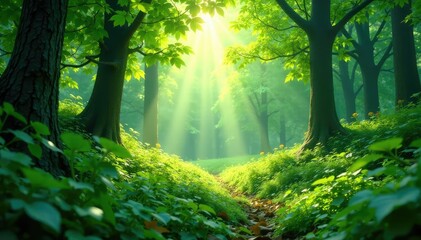 Obraz premium Lush green forest scene, vibrant foliage, sunlight dappling through leaves , wilderness, verdant, leafy