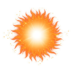 Naklejka premium Radiant sun icon with soft symmetrical flares, vibrant orange glow and centered light, great for digital nature designs