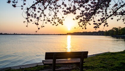 Tranquil sunset by the lake with cherry blossoms and empty bench