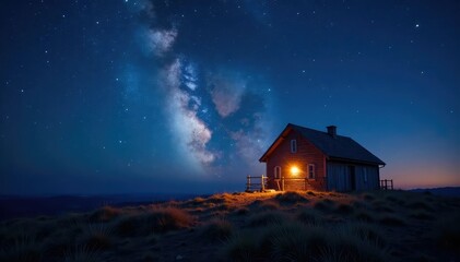 Night sky, bright star over simple stable structure, barn, glory, joy