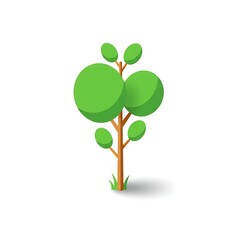 Stylized Tree on White Background, Flat Design with Shadows