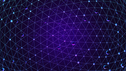 Digital blue and purple mesh network globe with connected nodes on dark background for technology or data communication concepts