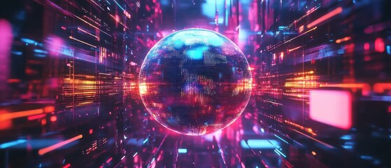 Obraz premium Neon digital sphere tunnel