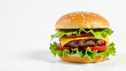 Juicy burger with sesame seed bun on white background , tomato, meal