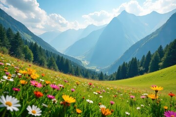 Fototapeta premium Serene mountain meadow bathed in sunlight, wildflowers in bloom , countryside, clouds, flower meadow