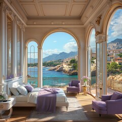 Obraz premium Luxurious Coastal Bedroom Retreat: Breathtaking Ocean Views and Elegant Design in a Sumptuous Setting of Opulence and Tranquility