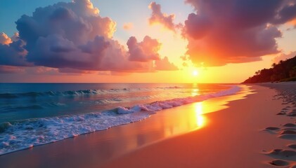 Obraz premium Stunning sunset over a tranquil beach, golden sand, calm ocean waves , coast, coastal, ocean