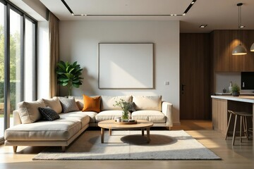 Fototapeta premium Stylish living room with modern furniture and decor, natural light , interior, vase