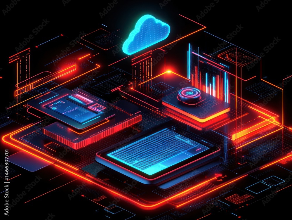 Poster abstract illustration of connected digital components with cloud and data flow elements