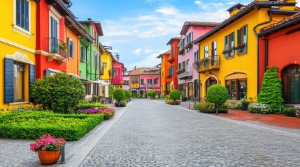 Fototapeta premium Vibrant Tuscan Village Scene with Colorful Buildings Charming Cobblestone Street and Lush Greenery perfect for Travel and Architectural Inspiration