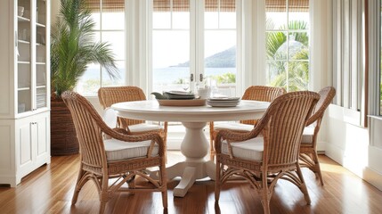 Fototapeta premium White dining room with cream round table, cushioned rattan chair, and wooden floor near window