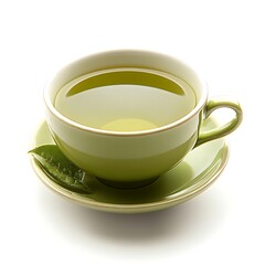 A Serene Moment with Green Tea: A close-up shot of a calming cup of freshly brewed green tea, elegantly served in a matching green cup and saucer.