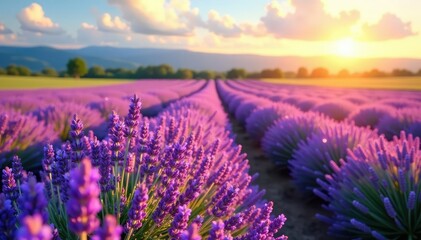 Obraz premium Sunlit lavender field, rows of purple flowers , flowering plants, vibrant, sunlit