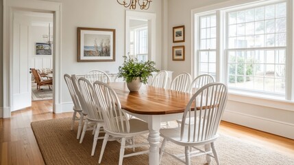 Fototapeta premium White dining room with wooden chairs